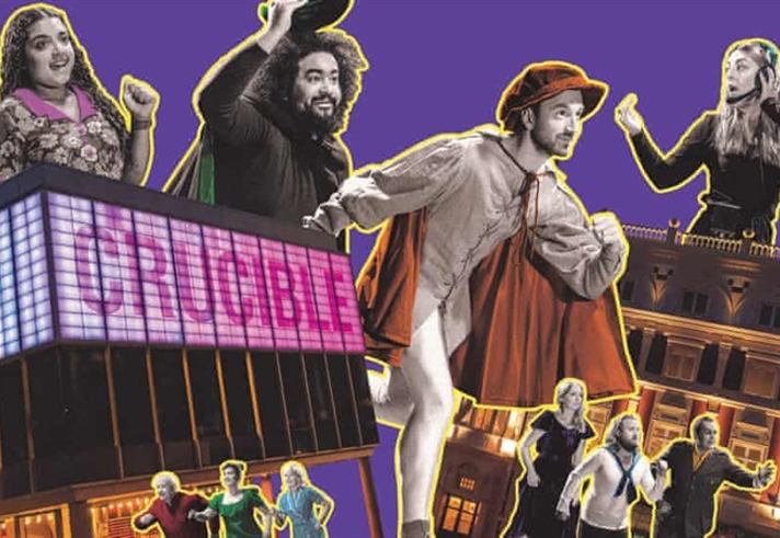 Collage-style artwork featuring performers in theatrical costumes and dynamic poses against a purple background. Prominent buildings include the Crucible Theatre with its illuminated sign and another ornate theatre building. The design uses bright outlines and bold colours to create an energetic, celebratory theme.