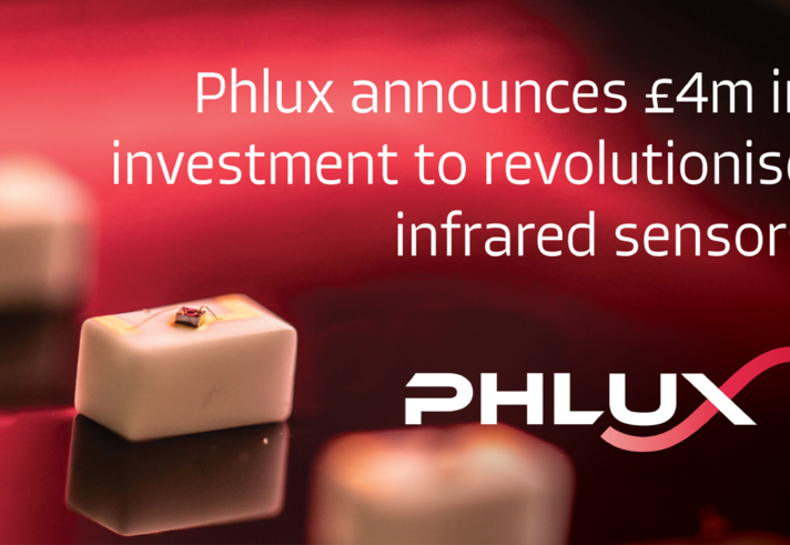 Close-up of small infrared sensor components on a glossy red surface with text overlay reading “Phlux announces £4m in investment to revolutionise infrared sensors.” The Phlux logo appears prominently in white and pink at the bottom right, highlighting the company’s branding and focus on advanced infrared technology.