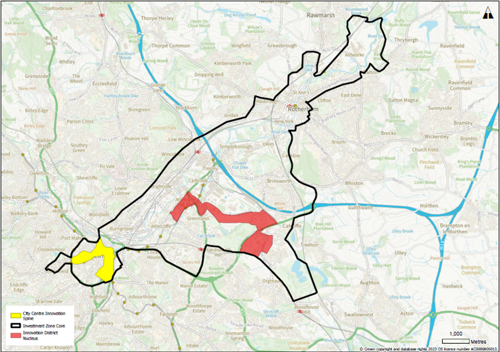 Map showing a city area outlined in black with highlighted zones: a yellow section labeled ‘City Centre Innovation,’ two red areas marked as ‘Investment Zone Core,’ and a green section marked as ‘Investment District.’ The map includes roads, rivers, and surrounding neighbourhoods