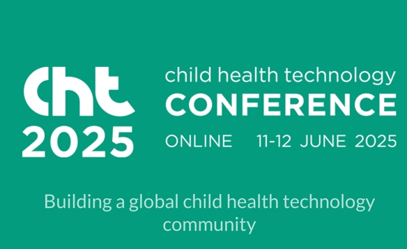 Green promotional graphic for the Child Health Technology Conference 2025. Text reads: ‘cht 2025 child health technology CONFERENCE ONLINE 11–12 JUNE 2025. Building a global child health technology community.’