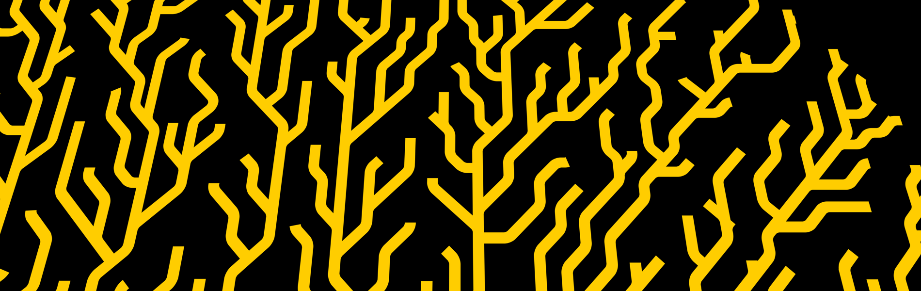 Abstract digital artwork showing a semi-circular pattern of branching yellow lines on a black background. The intricate design resembles a network or tree-like structure with circuit-like connections radiating outward, creating a sense of growth and complexity.
