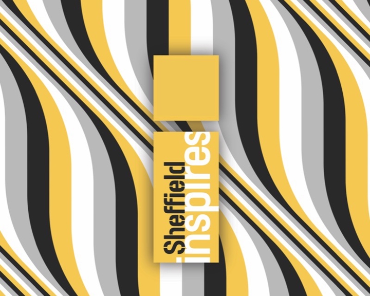 A piece of Rob Lee artwork sits behind the Sheffield Inspires logo, which is a large yellow letter i with the words 'Sheffield Inspires' written inside the body of the letter.