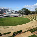 The teared seating at South Street Park Amphitheatre. 