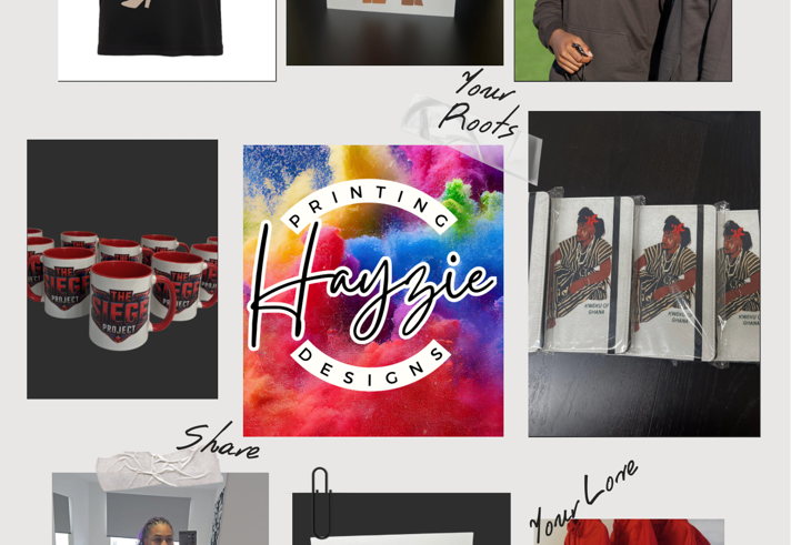 Collage showcasing Hayzie Printing Designs products and services, including a black T-shirt with an illustrated couple, a printed greeting card with two women, custom mugs with bold text, personalized notebooks, red joggers with printed names, and a colorful logo reading 'Hayzie Printing Designs.' The layout also features examples of custom apparel and gift items