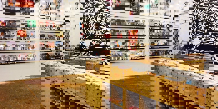 Inside Bear Tree Record, there are rows of wooden units holding records. On the walls new releases are displayed. One section of the wall has a floor to ceiling mural of the Bear Tree Records logo, painted by Sheffield artist Tom J Newell.