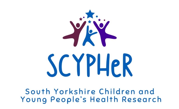 Logo for SCYPHeR featuring three stylized human figures in shades of purple and blue reaching toward a blue star with smaller stars around it. Below the figures, the text reads “SCYPHeR” in large blue letters, and underneath in smaller text: “South Yorkshire Children and Young People’s Health Research.”