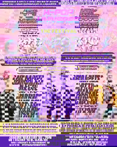 A colourful K‑pop festival poster with a purple‑pink gradient background decorated with bubbles and stars. The title “K‑POP UNIVERSE: The Festival” appears at the top, with “K‑POP LIVE” in large metallic text. Two stylised 3D characters stand on either side of the poster, each posing in front of a soft cityscape. The poster advertises live K‑pop performances, choreography, dancers, and tribute acts for Sabrina Carpenter, Miley Cyrus, Ariana Grande, Chappell Roan, and Taylor Swift. 