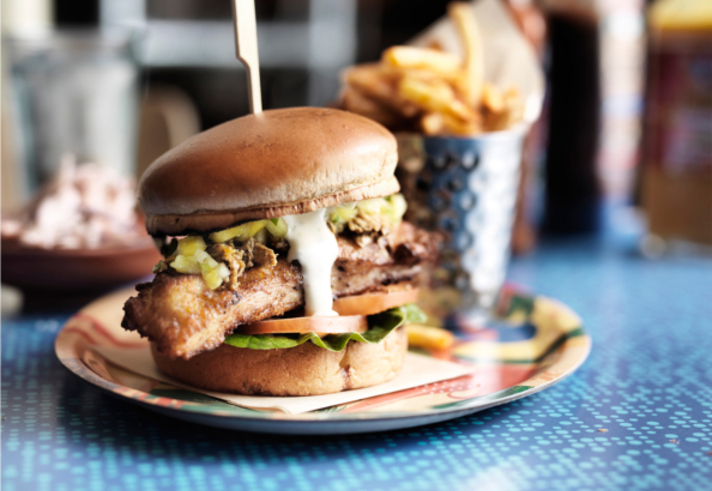 Burger and chips at Turtle Bay.