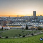Sunset view of Sheffield viewed from South Street Park and amphitheatre 