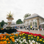 Flower beds in bloom in front of the Glass House at Sheffield Botanical Gardens.