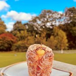 A cruffin on a plate against the backdrop of the park during autumn 