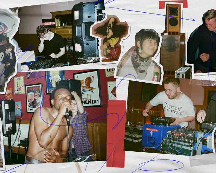 Collage of photos showing a lively DIY music scene, including people DJing, performing, and interacting with audio equipment in small indoor venues. The images feature speakers, turntables, mixers, posters on walls, and casual clothing, with colourful doodles and scribbles layered over the collage for an artistic effect.