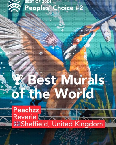 Colourful mural of a kingfisher in flight painted on a brick wall, with text overlay reading ‘Best Murals of the World,’ ‘Peachzz Reverie,’ and ‘Sheffield, United Kingdom.’ Additional text at the top says ‘Best of 2024 Peoples’ Choice #2.’