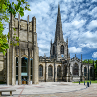The exterior of Sheffield Cathedral on a bright, sunny day.