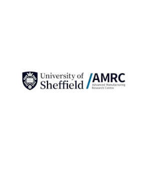 Logo of the University of Sheffield Advanced Manufacturing Research Centre (AMRC). It features a dark blue shield with a white rose and crown emblem on the left, followed by the text “University of Sheffield” in black. To the right, “AMRC” is in bold dark blue with a light blue diagonal line, and below it reads “Advanced Manufacturing Research Centre” in smaller gray text.