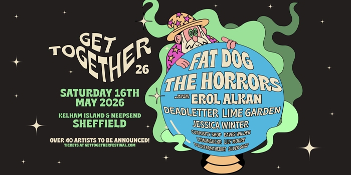 Illustrated festival poster for “Get Together 26” featuring a cartoon wizard holding a crystal ball listing artists.
