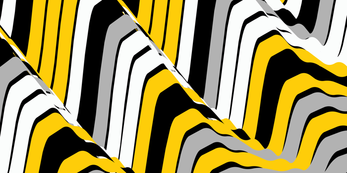 Abstract pattern of diagonal, wavy stripes in yellow, black, white, and gray, creating a layered, zigzag effect reminiscent of folded fabric or topographic lines.