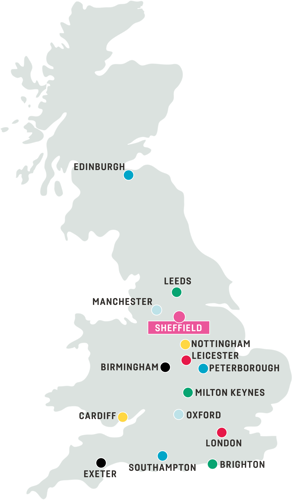 A map of the UK showing major cities and towns, with Sheffield being highlighted in the middle of the country.