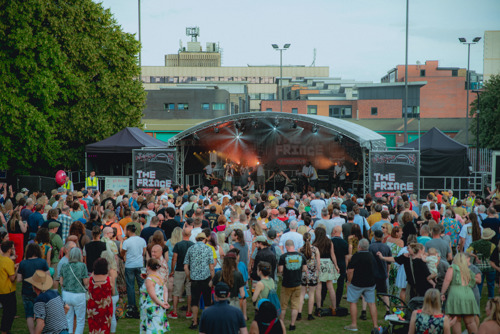 The Fringe Stage and crowds on Devonshire Green in Sheffield City Centre