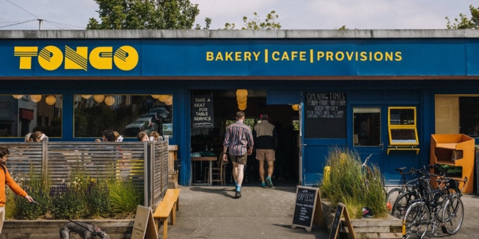 The exterior of a building painted blue. There is yellow lettering above the window and door that reads ' Tonco' and 'Bakery, Cafe, Provisions'.