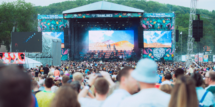 Legendary Sheffield band Pulp performing live on the Tramlines main stage in front of a packed crowd 