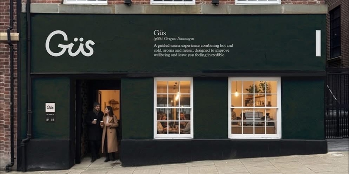 Artist's impression of the exterior of the new Gus wellness venue showing tasteful scandi- style branding on it's exterior 